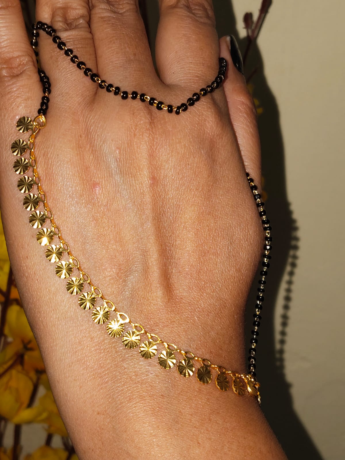 Traditional Black Bead &amp;amp;amp; Gold Floral Disk Mangalsutra - Image 2