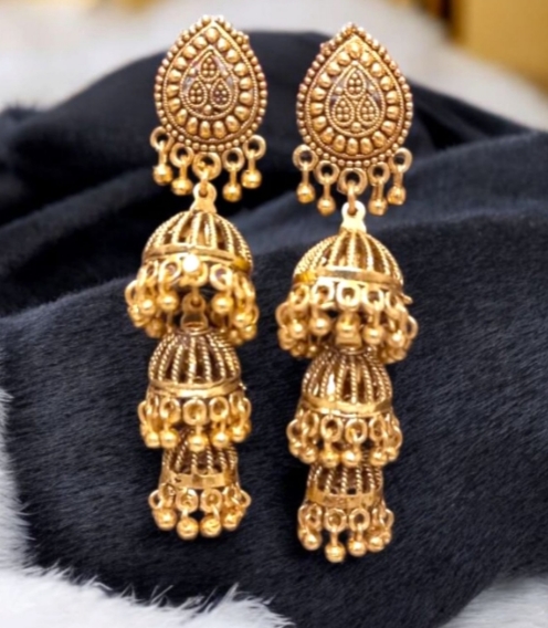 Antique Gold-Toned Double-Tiered Temple Jhumka Earrings
