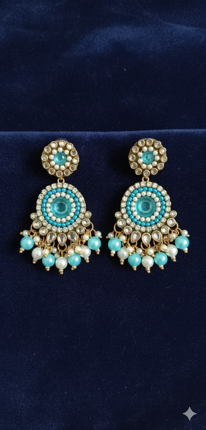 Regal Blue &amp; Pearl Embellished Jhumka Earrings