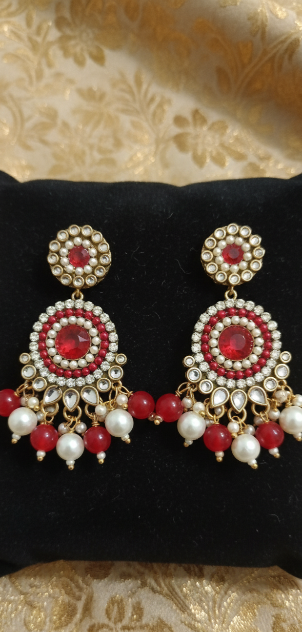 Regal Red and  Pearl Embellished Jhumka Earrings