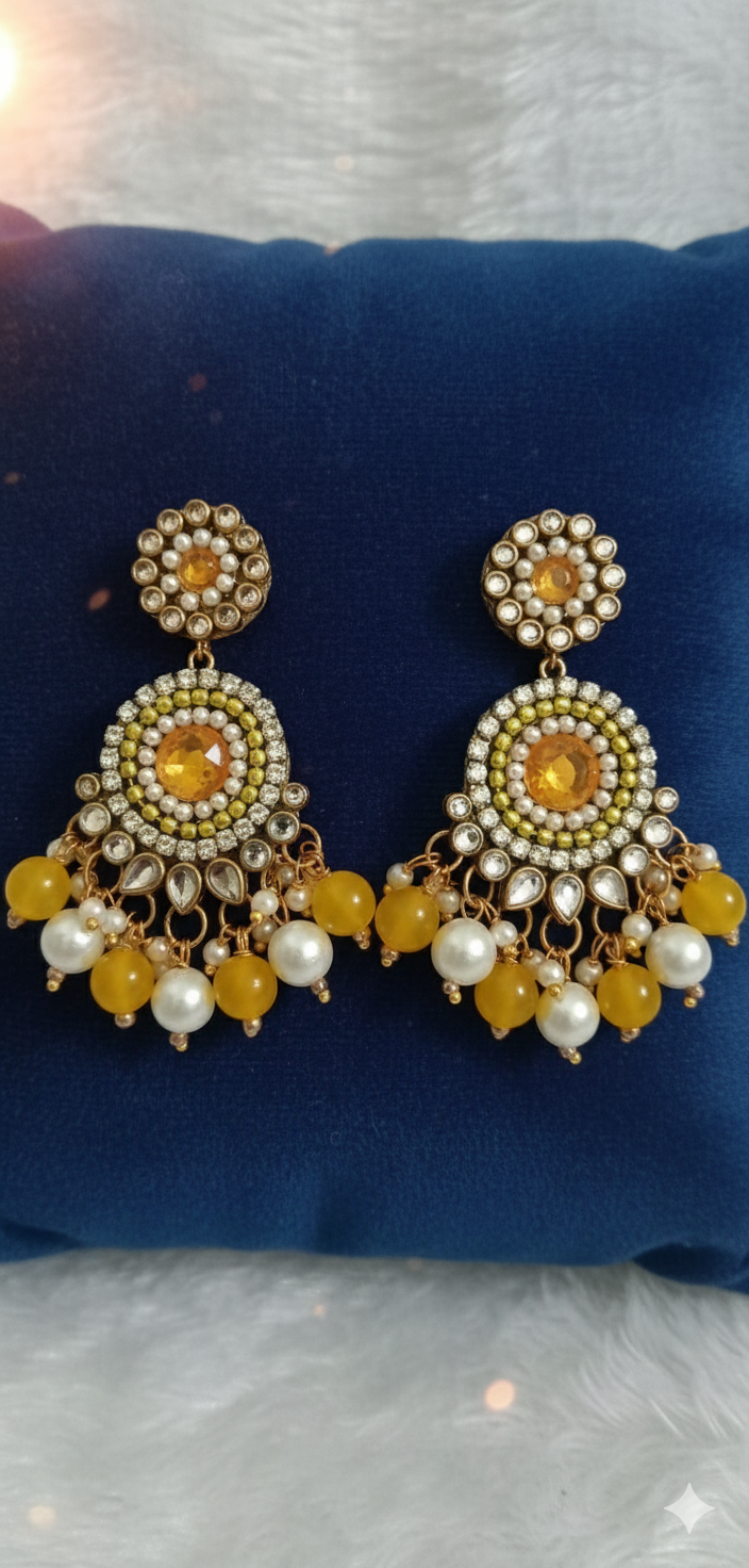 Regal yellow &amp; Pearl Embellished Jhumka Earrings