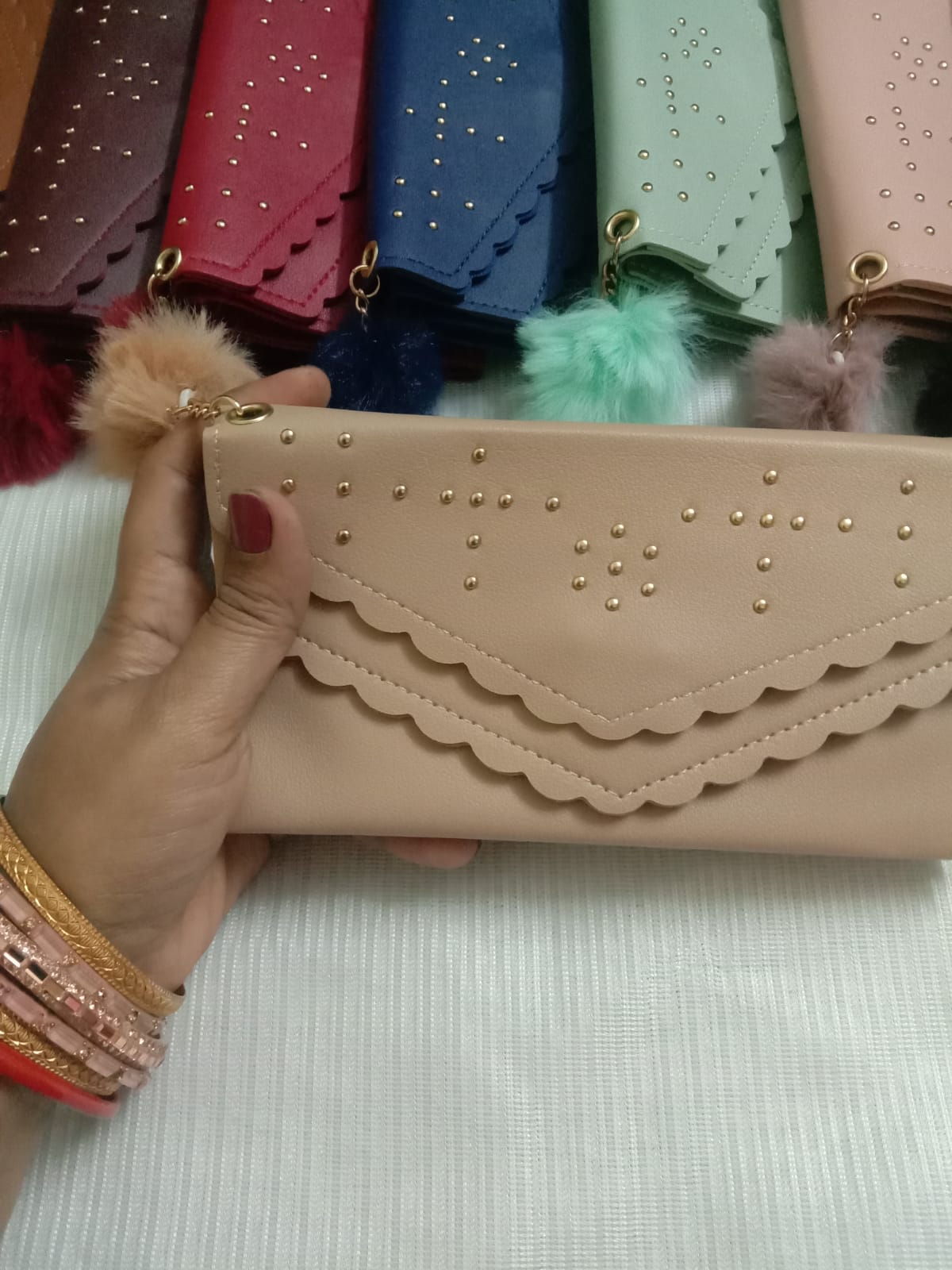 Women’s Beige Fashion Wallet with Gold Stud Accents