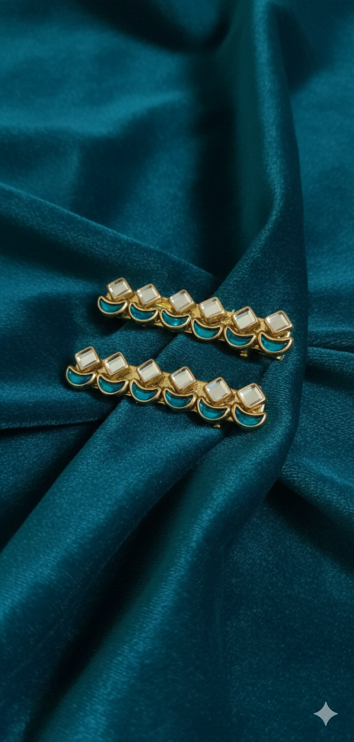 Teal &amp; Gold Kundan-Inspired Geometric Hair Pins (Set of 2)