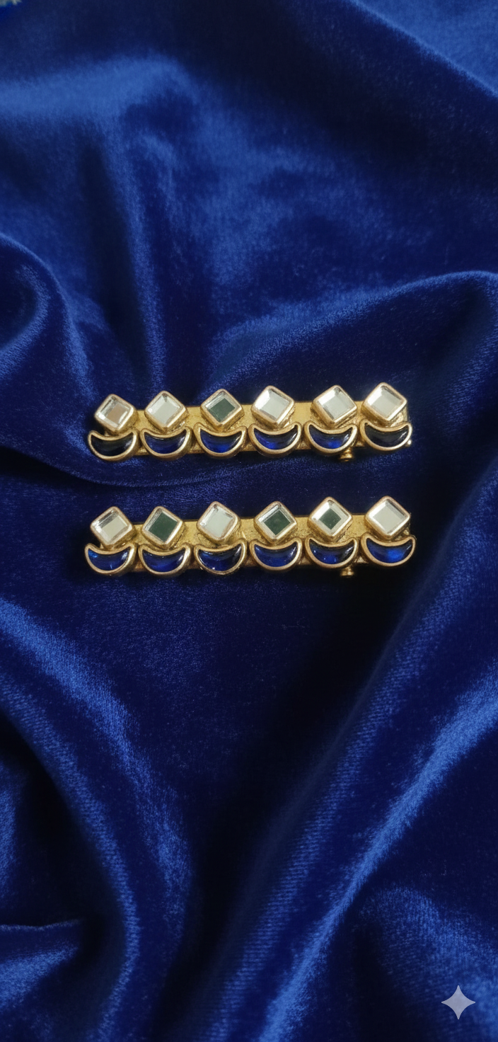 Blue &amp; Gold Kundan-Inspired Geometric Hair Pins (Set of 2)