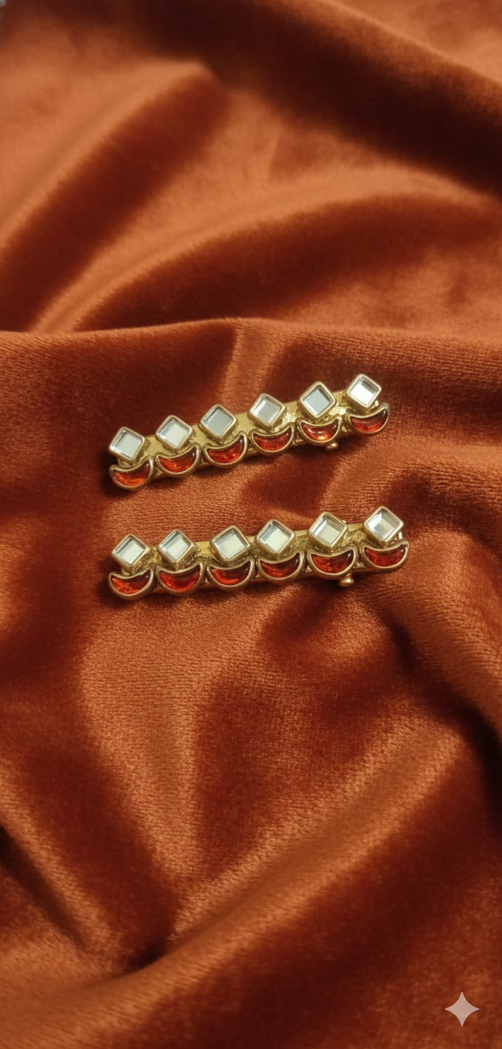 orange &amp;amp; Gold Kundan-Inspired Geometric Hair Pins (Set of 2)