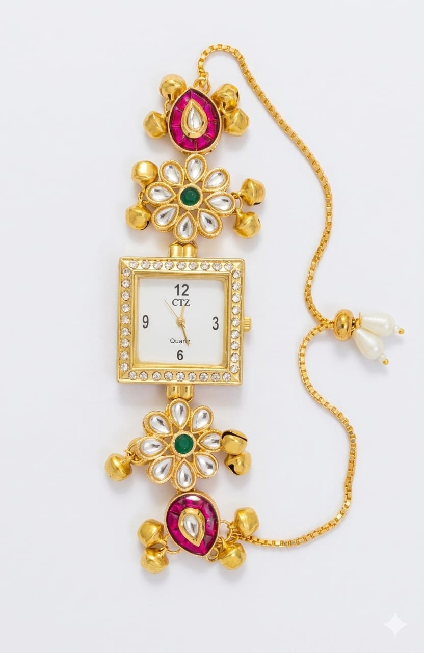 Kashmiri Kundan Bracelet Watch with Ghungroo Accents
