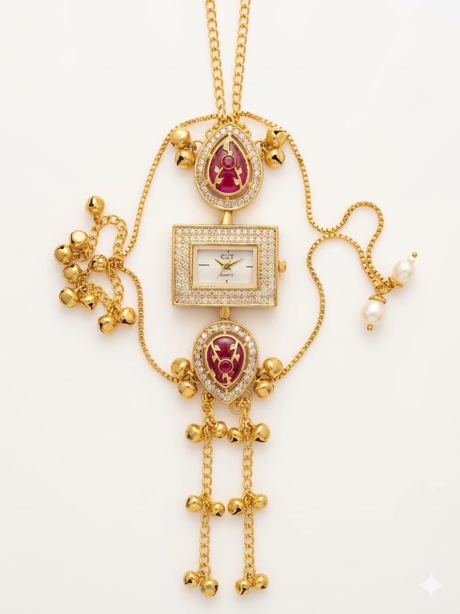 Royal Kashmiri Kundan Pendant Watch with Ghungroo Droplets