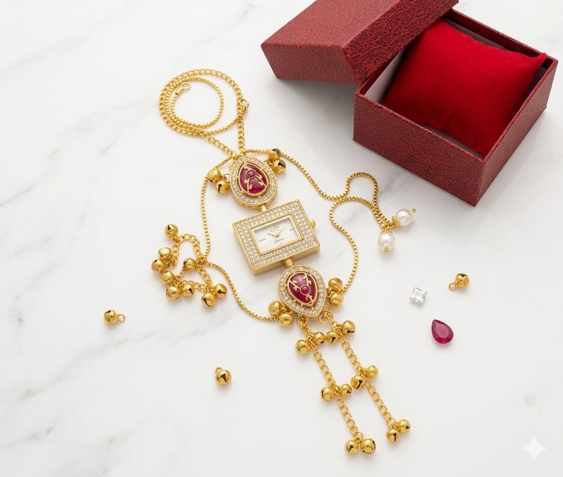 Royal Kashmiri Kundan Pendant Watch with Ghungroo Droplets - Image 4